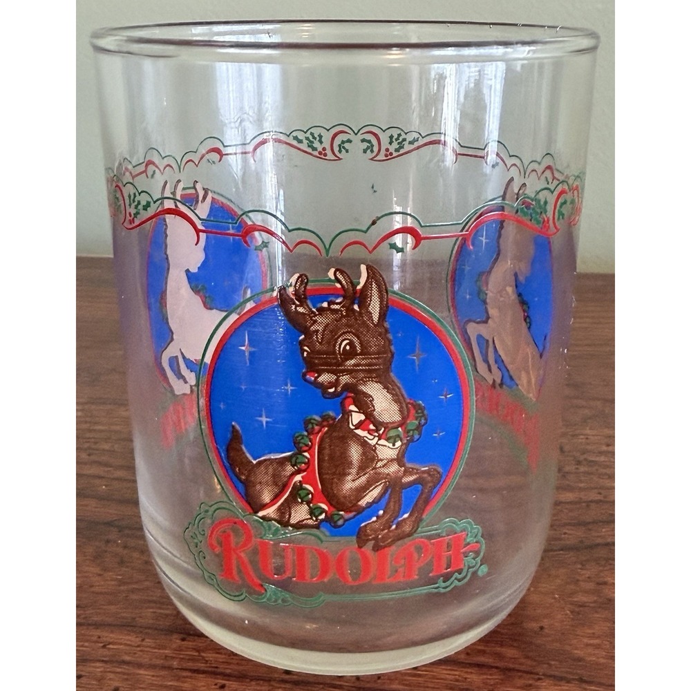 Vintage Drinking Glass Rudolph Christmas Transparent Mug‎ Montgomery Ward 12 oz